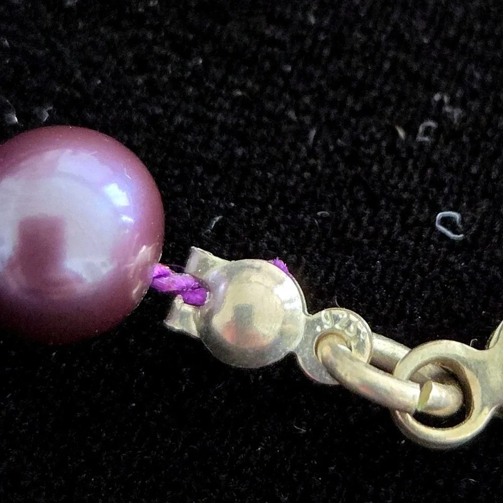 VTG Purple Peacock‎ Cultured Pearl Necklace 925 Sterling Silver Hand Knotted 18